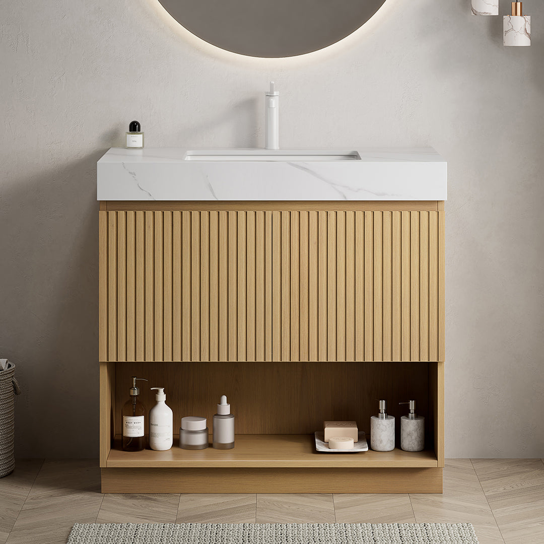 FINO 36" Freestanding Bathroom Vanity with Carrara White Sintered Stone Countertop and Ceramic Basin, Corolla Oak Woodgrain Cabinet, 1 Pre-Drilled Faucet Hole, Disassembled