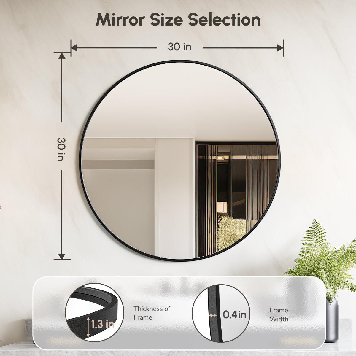 USHOWER Nwar Series 30 Inch Black Frame Round Bathroom Mirror with 1.3" Thick Frame and 0.4" Frame Width Details