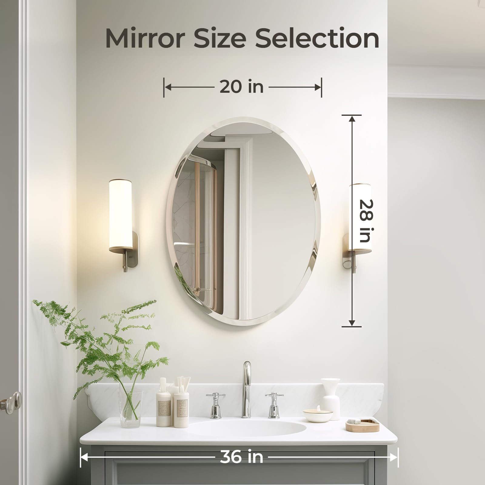 USHOWER Kadra Frameless Oval Bathroom Mirror 20x28 Inch, Fits 36-Inch Vanity, Beveled Polished Design