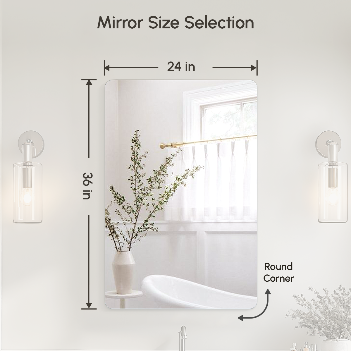 USHOWER Kadra Series 24x36 Inch Frameless Rectangular Bathroom Mirror with Rounded Corners and Multi-Option Dimensions
