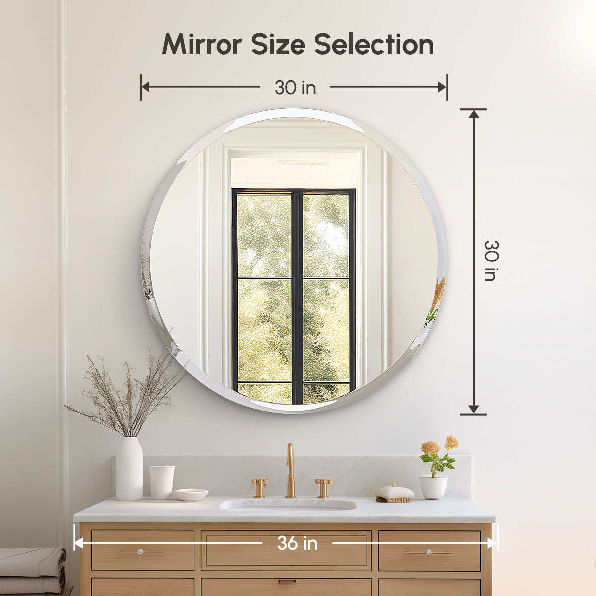 USHOWER Kadra Series 30 Inch Frameless Round Bathroom Mirror with Diameter Shown, Ideal for 36-Inch Vanity Countertop