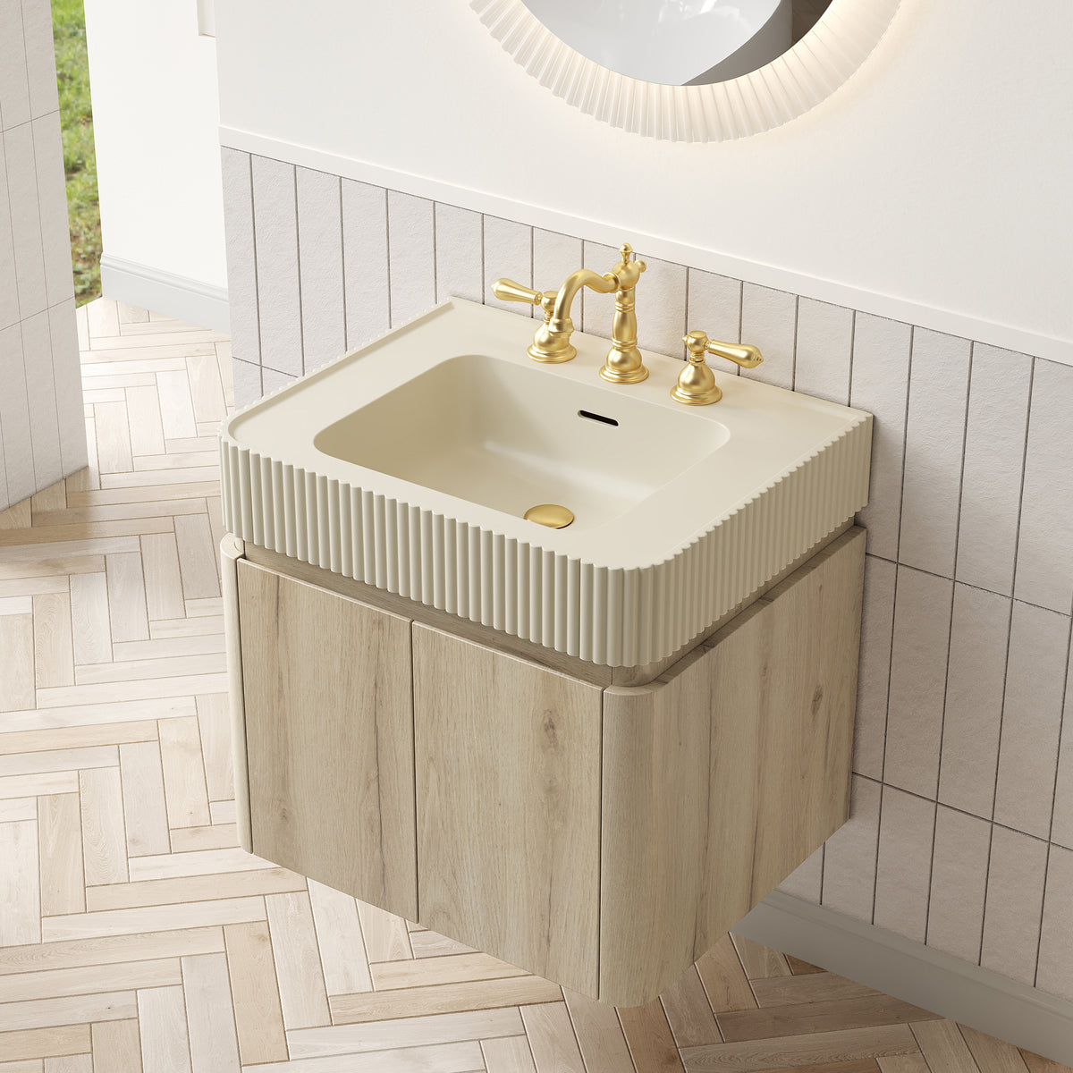 GECO 24" Wall-Mounted Bathroom Vanity with Cream Beige Solid Surface Integrated Basin, Floating Storage Cabinet, White Oak Woodgrain, 8" Widespread 3-Hole Faucet Configuration, Disassembled