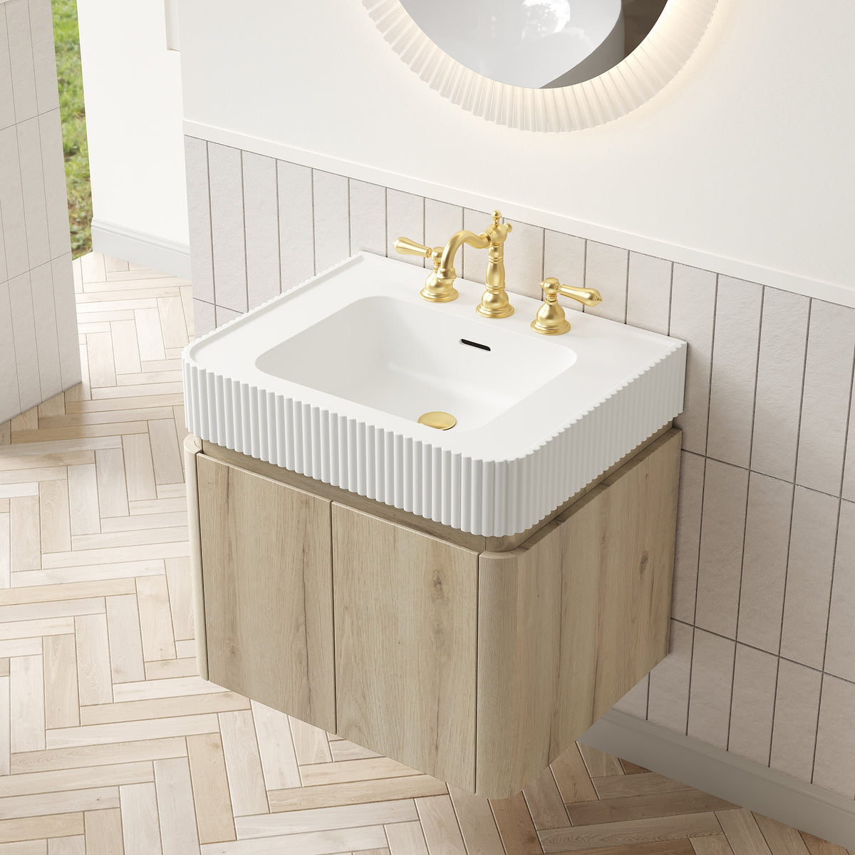 GECO 24" Wall-Mounted Bathroom Vanity with white Solid Surface Integrated Basin, Floating Storage Cabinet, White Oak Woodgrain, 8" Widespread 3-Hole Faucet Configuration, Disassembled