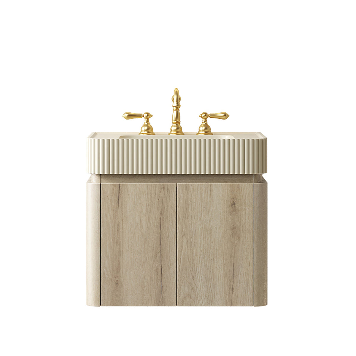 GECO 24" Wall-Mounted Bathroom Vanity with Cream Beige Solid Surface Integrated Basin, Floating Storage Cabinet, White Oak Woodgrain, 8" Widespread 3-Hole Faucet Configuration, Disassembled