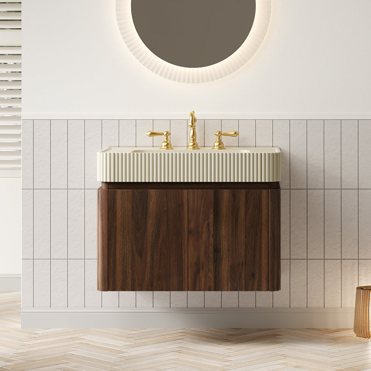 GECO 30" Wall-Mounted Bathroom Vanity with Cream Beige Solid Surface Integrated Basin, Floating Storage Cabinet, Walnut Woodgrain, 8" Widespread 3-Hole Faucet Configuration, Disassembled