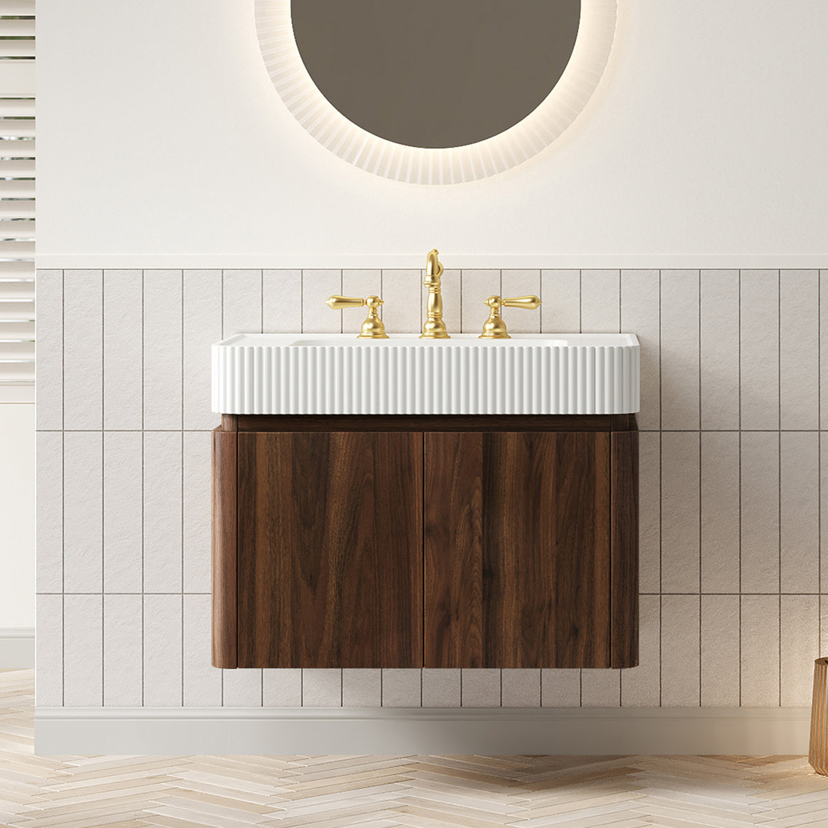 GECO 30" Wall-Mounted Bathroom Vanity with White Solid Surface Integrated Basin, Floating Storage Cabinet, Walnut Woodgrain, 8" Widespread 3-Hole Faucet Configuration, Disassembled