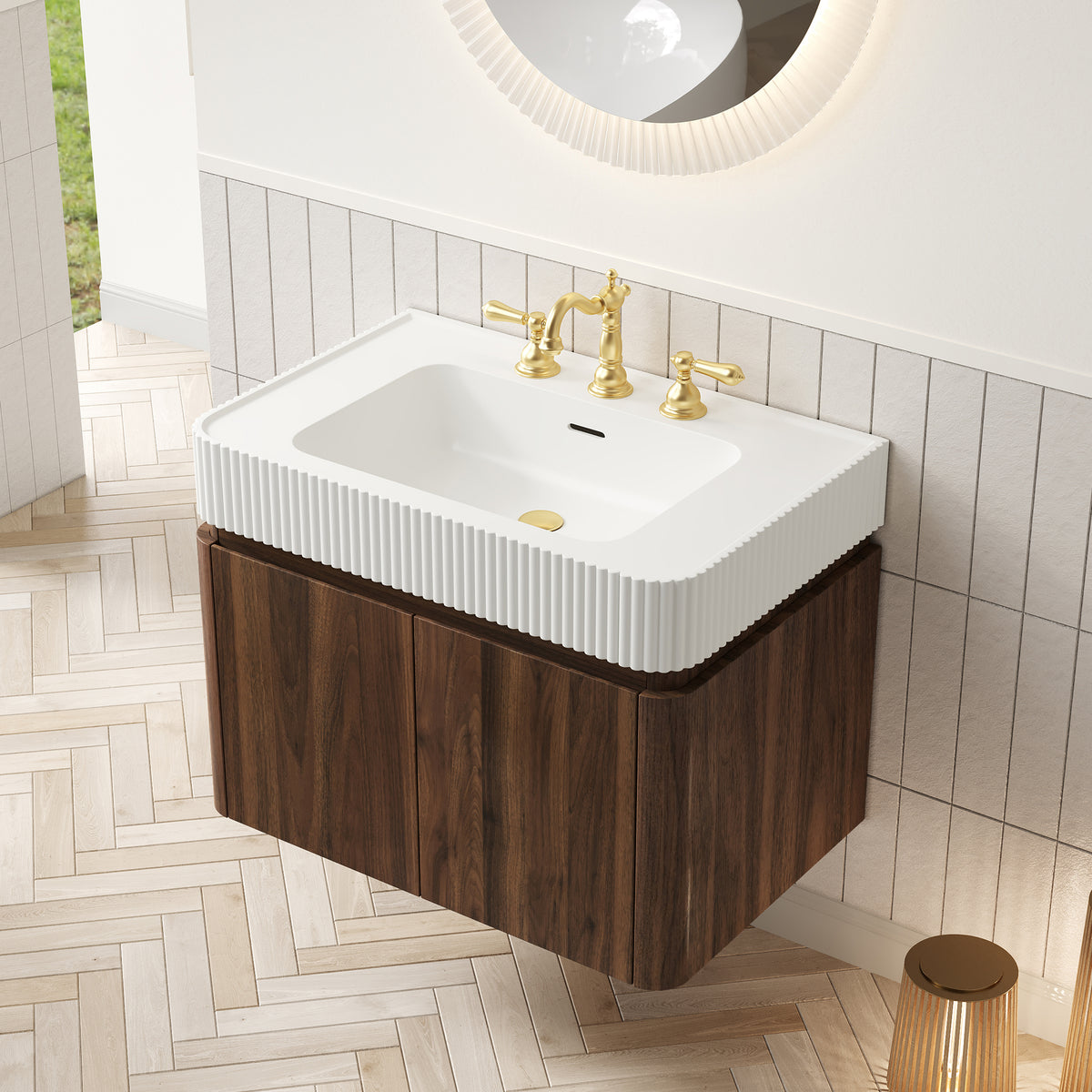 GECO 30" Wall-Mounted Bathroom Vanity with White Solid Surface Integrated Basin, Floating Storage Cabinet, Walnut Woodgrain, 8" Widespread 3-Hole Faucet Configuration, Disassembled