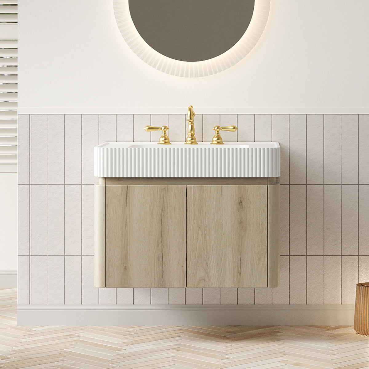 GECO 30" Wall-Mounted Bathroom Vanity with white Solid Surface Integrated Basin, Floating Storage Cabinet, White Oak Woodgrain, 8" Widespread 3-Hole Faucet Configuration, Disassembled