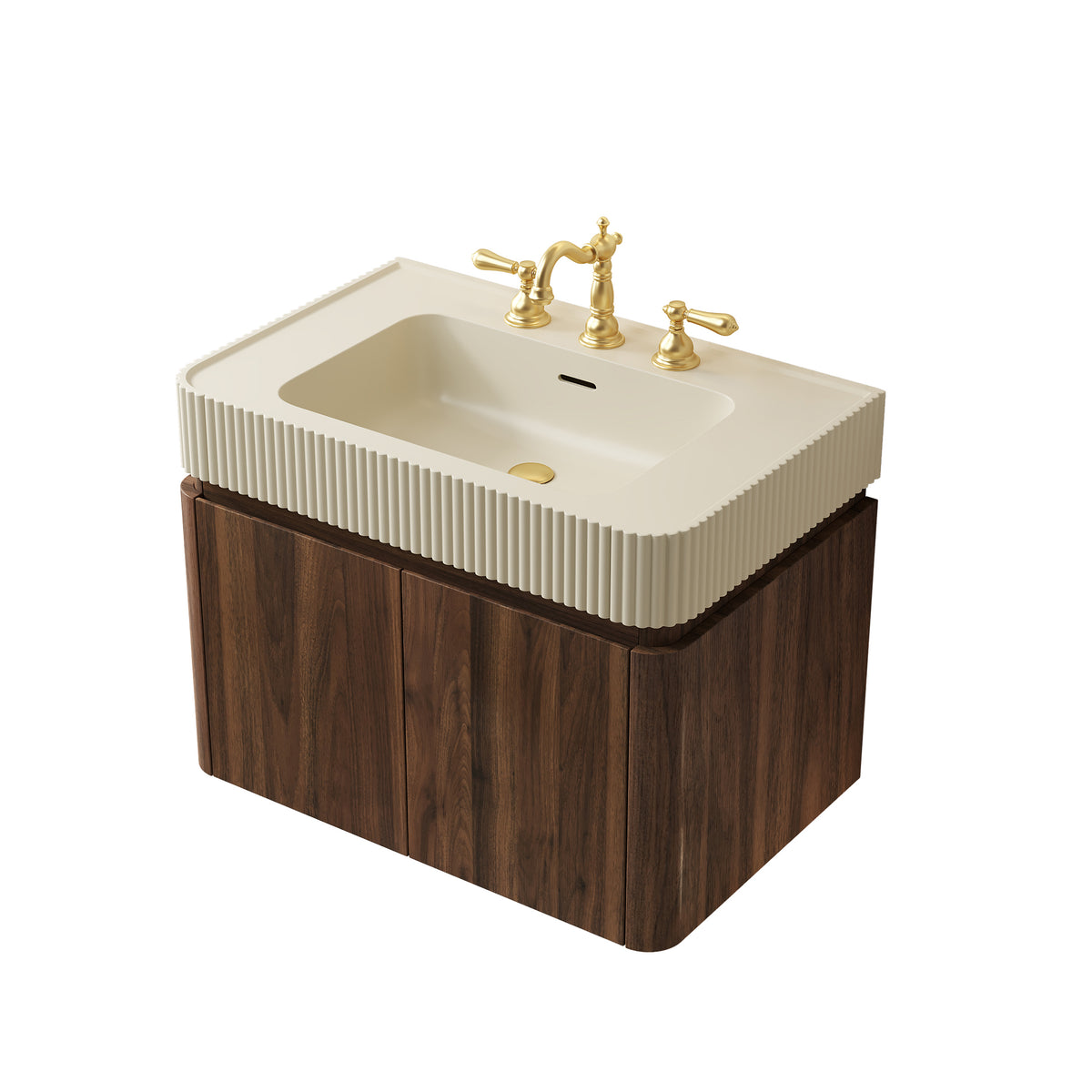 GECO 30" Wall-Mounted Bathroom Vanity with Cream Beige Solid Surface Integrated Basin, Floating Storage Cabinet, Walnut Woodgrain, 8" Widespread 3-Hole Faucet Configuration, Disassembled