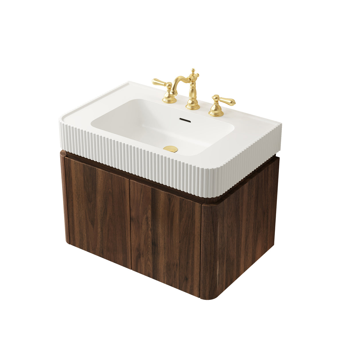 GECO 30" Wall-Mounted Bathroom Vanity with White Solid Surface Integrated Basin, Floating Storage Cabinet, Walnut Woodgrain, 8" Widespread 3-Hole Faucet Configuration, Disassembled