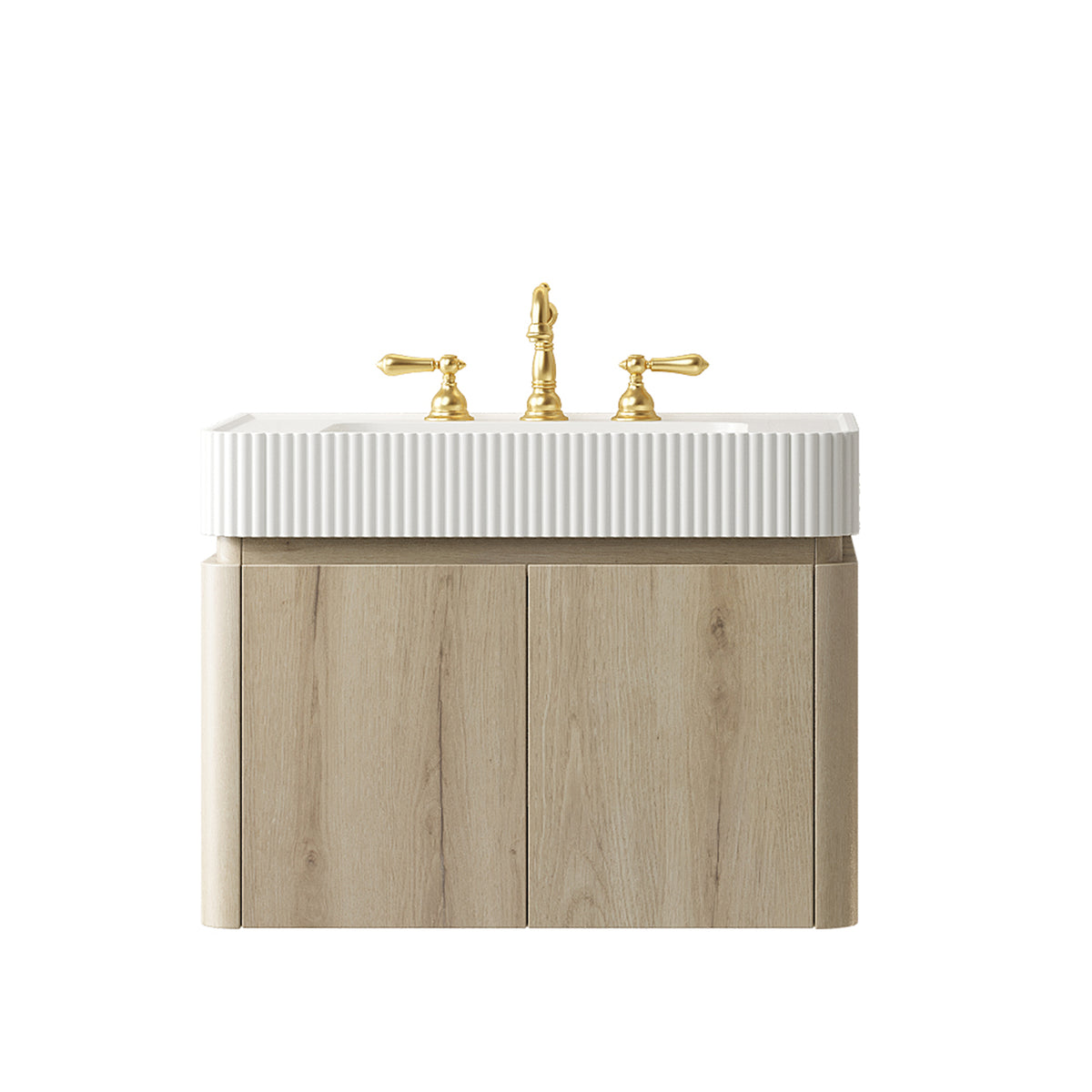 GECO 30" Wall-Mounted Bathroom Vanity with white Solid Surface Integrated Basin, Floating Storage Cabinet, White Oak Woodgrain, 8" Widespread 3-Hole Faucet Configuration, Disassembled