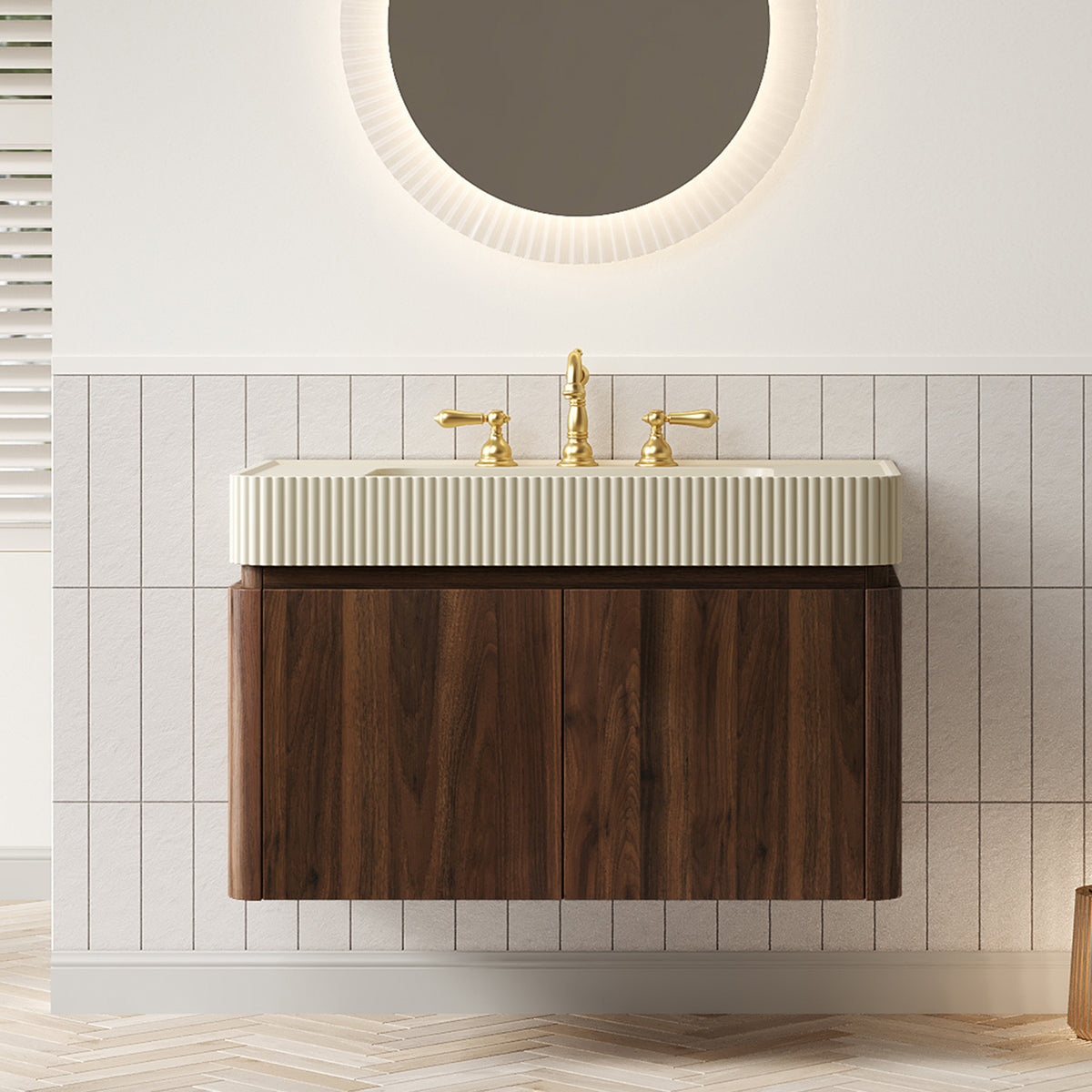 GECO 36" Wall-Mounted Bathroom Vanity with Cream Beige Solid Surface Integrated Basin, Floating Storage Cabinet, Walnut Woodgrain, 8" Widespread 3-Hole Faucet Configuration, Disassembled