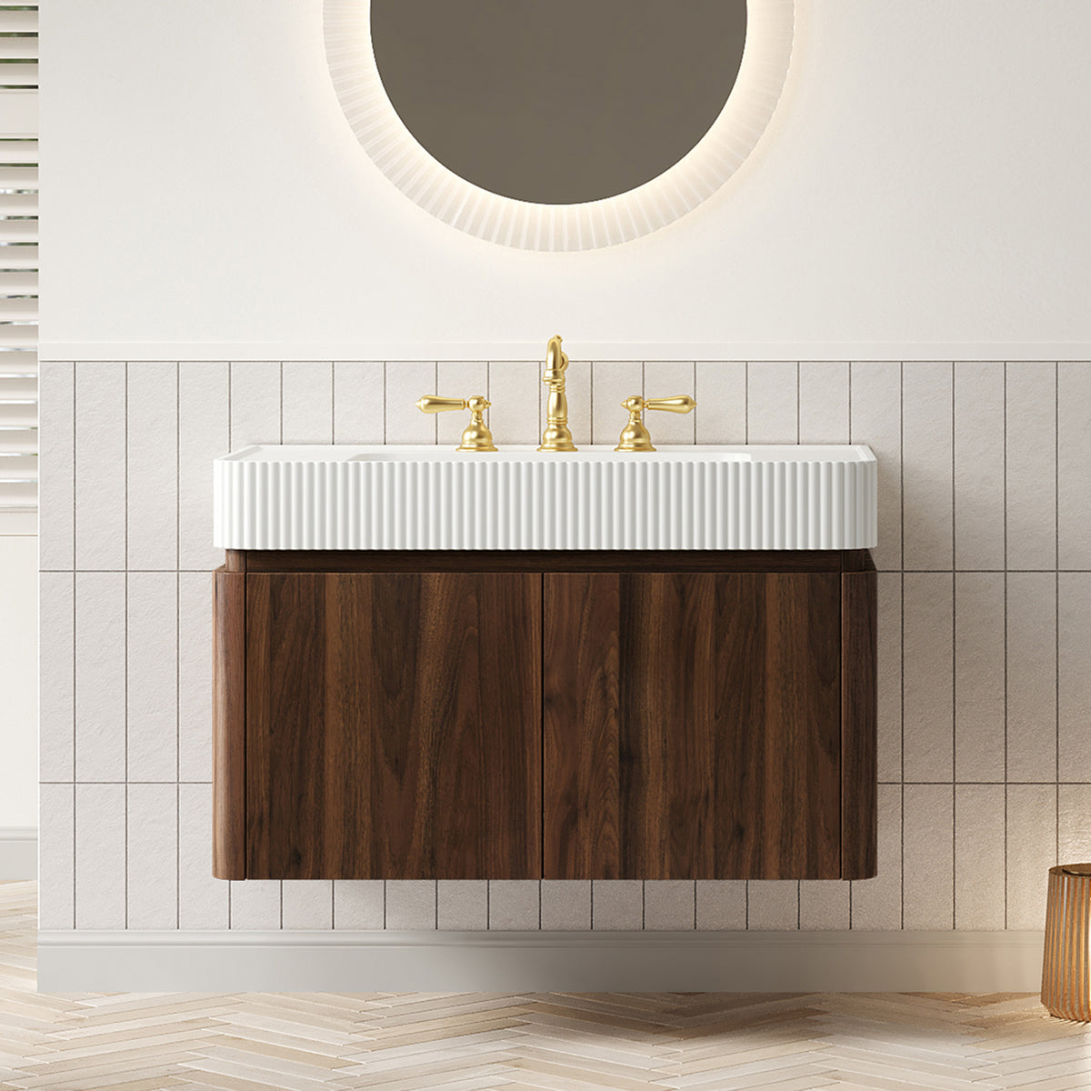 GECO 36" Wall-Mounted Bathroom Vanity with White Solid Surface Integrated Basin, Floating Storage Cabinet, Walnut Woodgrain, 8" Widespread 3-Hole Faucet Configuration, Disassembled