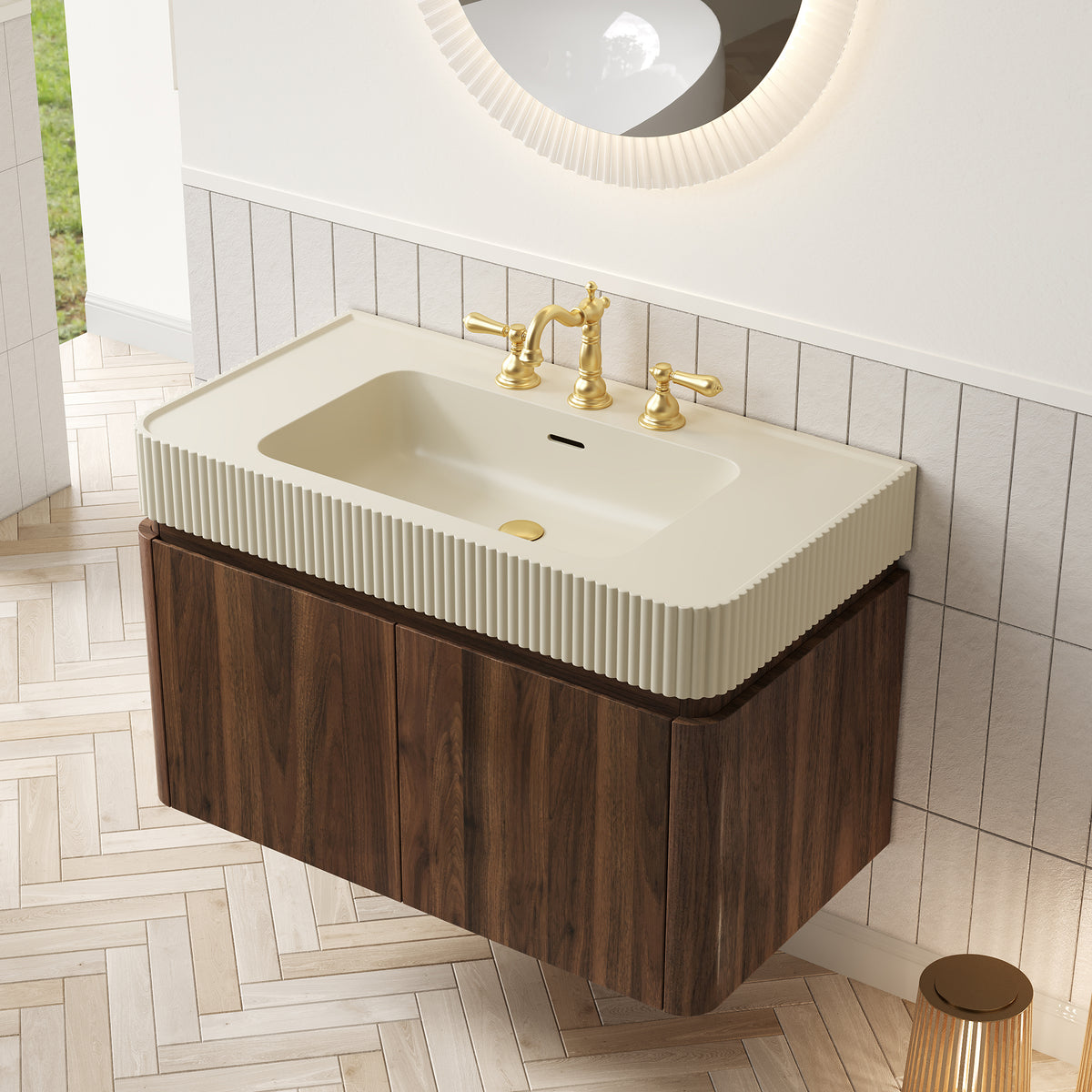 GECO 36" Wall-Mounted Bathroom Vanity with Cream Beige Solid Surface Integrated Basin, Floating Storage Cabinet, Walnut Woodgrain, 8" Widespread 3-Hole Faucet Configuration, Disassembled