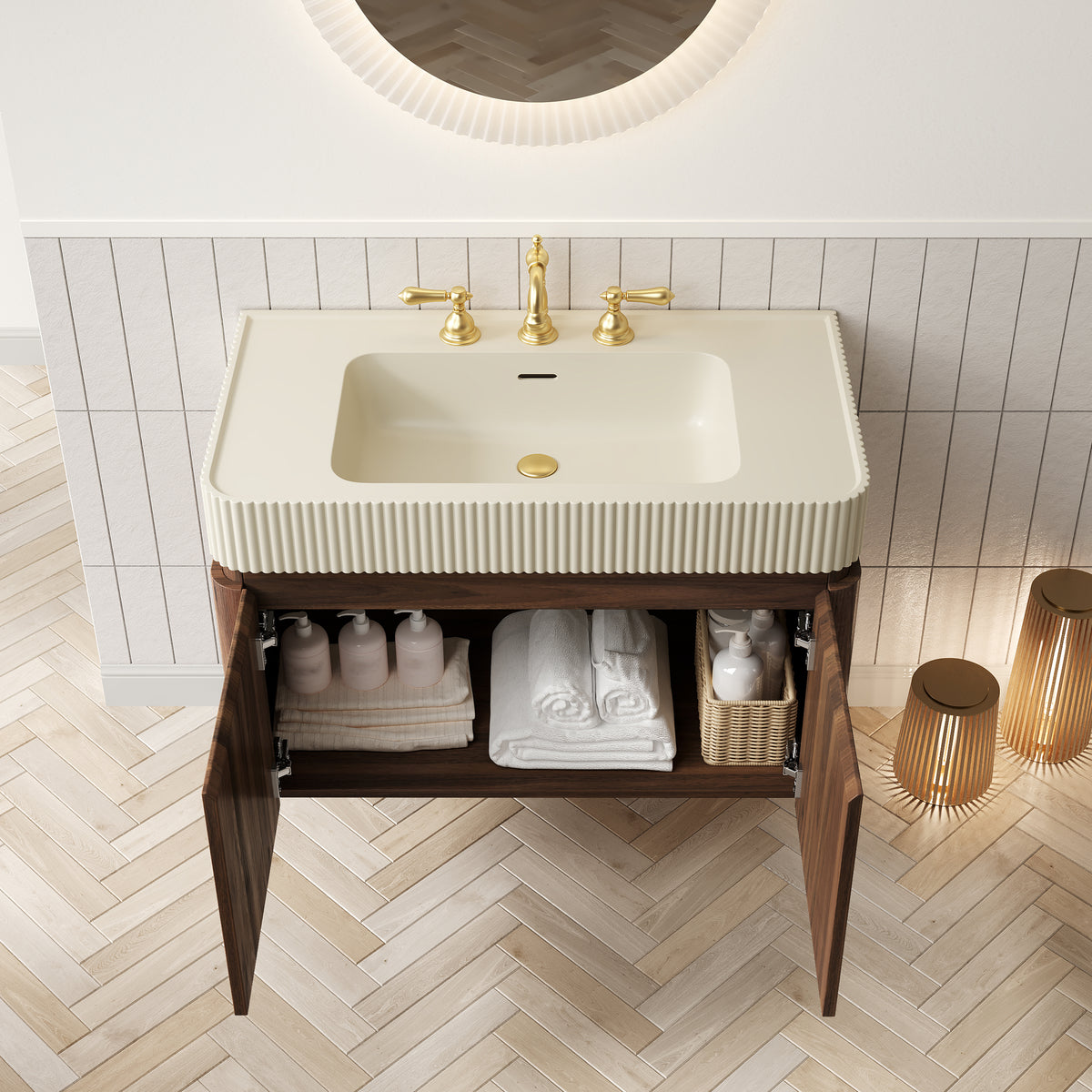 GECO 36" Wall-Mounted Bathroom Vanity with Cream Beige Solid Surface Integrated Basin, Floating Storage Cabinet, Walnut Woodgrain, 8" Widespread 3-Hole Faucet Configuration, Disassembled