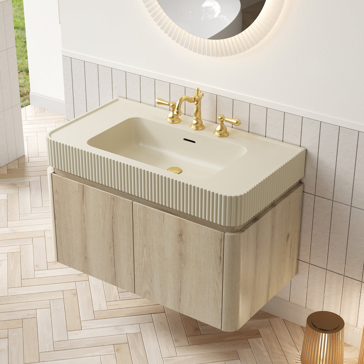 GECO 36" Wall-Mounted Bathroom Vanity with Cream Beige Solid Surface Integrated Basin, Floating Storage Cabinet, White Oak Woodgrain, 8" Widespread 3-Hole Faucet Configuration, Disassembled