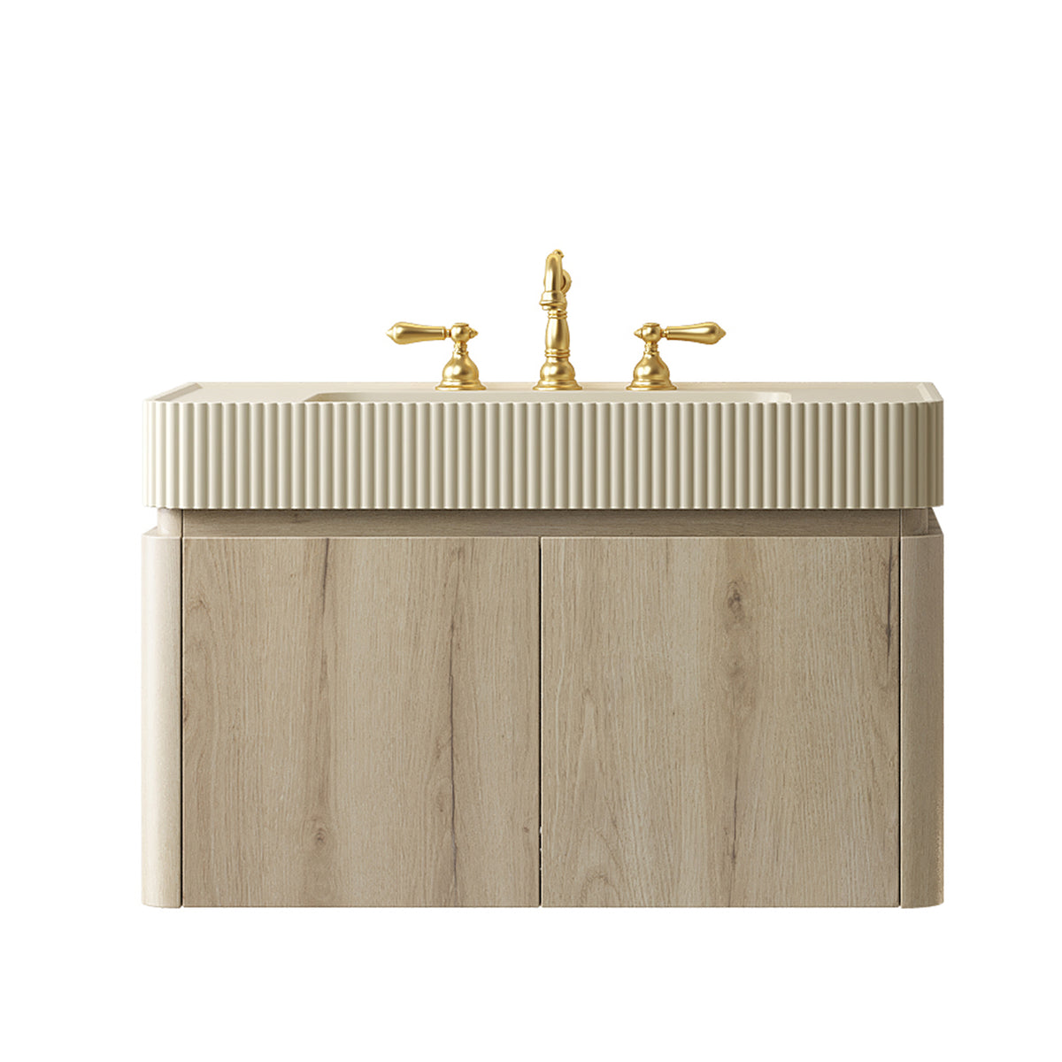 GECO 36" Wall-Mounted Bathroom Vanity with Cream Beige Solid Surface Integrated Basin, Floating Storage Cabinet, White Oak Woodgrain, 8" Widespread 3-Hole Faucet Configuration, Disassembled