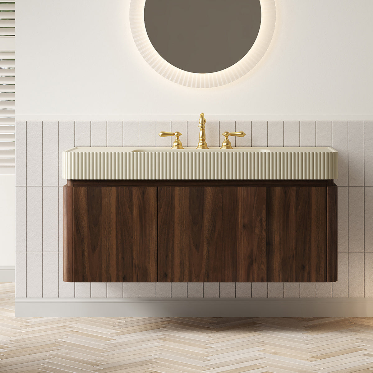 GECO 48" Wall-Mounted Bathroom Vanity with Cream Beige Solid Surface Sink, Floating Storage Cabinet with Drawer and Door, Walnut Woodgrain, 3 Pre-Drilled Faucet Holes, Disassembled