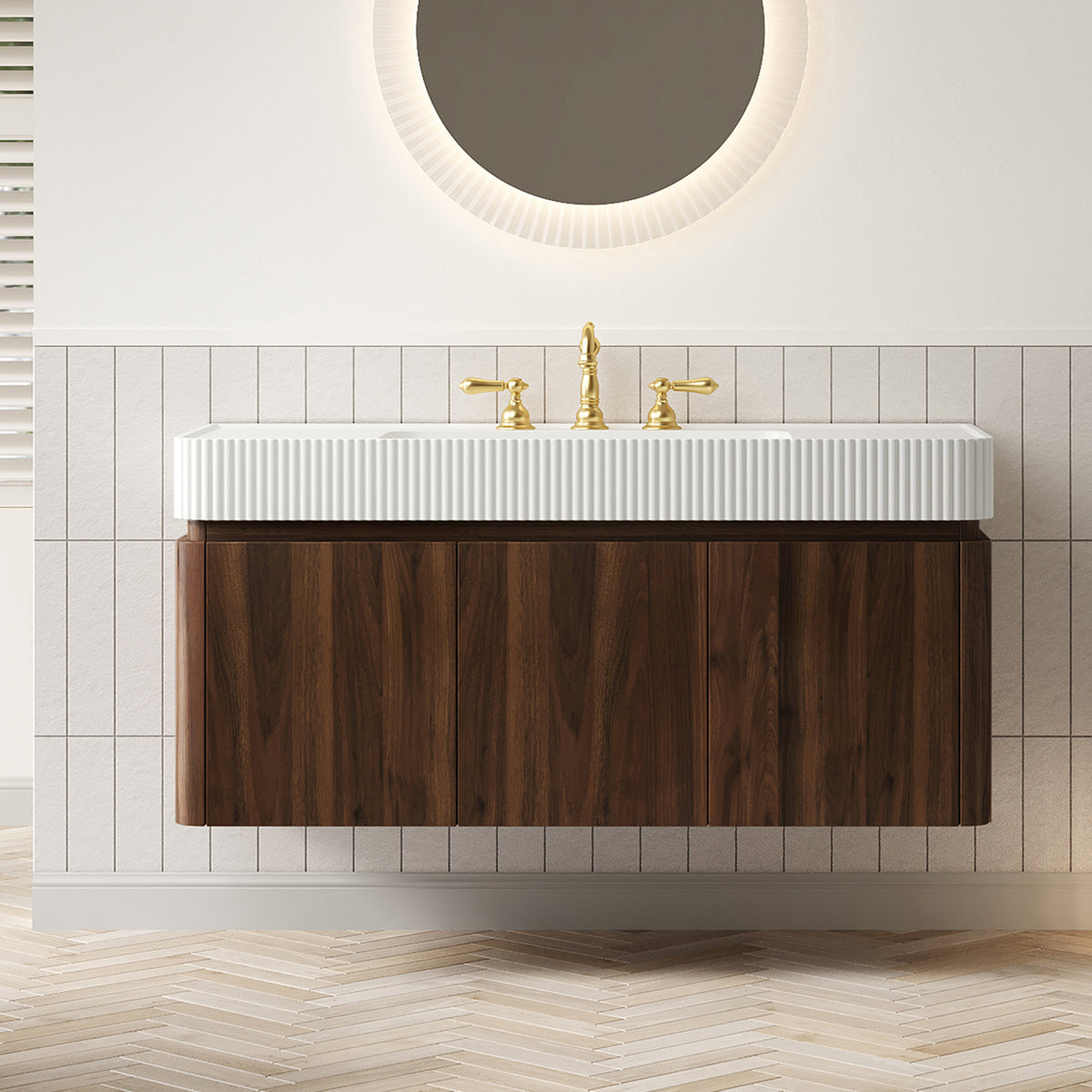 GECO 48" Wall-Mounted Bathroom Vanity with White Solid Surface Integrated Basin, Floating Storage Cabinet, Walnut Woodgrain, 8" Widespread 3-Hole Faucet Configuration, Disassembled