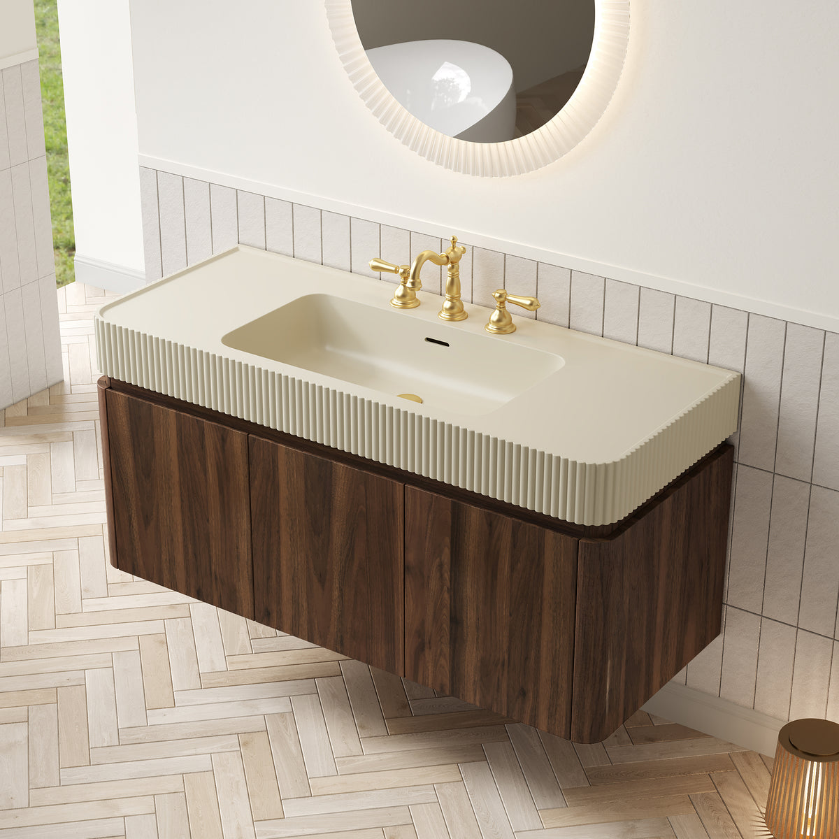 GECO 48" Wall-Mounted Bathroom Vanity with Cream Beige Solid Surface Sink, Floating Storage Cabinet with Drawer and Door, Walnut Woodgrain, 3 Pre-Drilled Faucet Holes, Disassembled