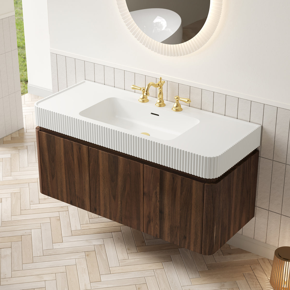 GECO 48" Wall-Mounted Bathroom Vanity with White Solid Surface Integrated Basin, Floating Storage Cabinet, Walnut Woodgrain, 8" Widespread 3-Hole Faucet Configuration, Disassembled