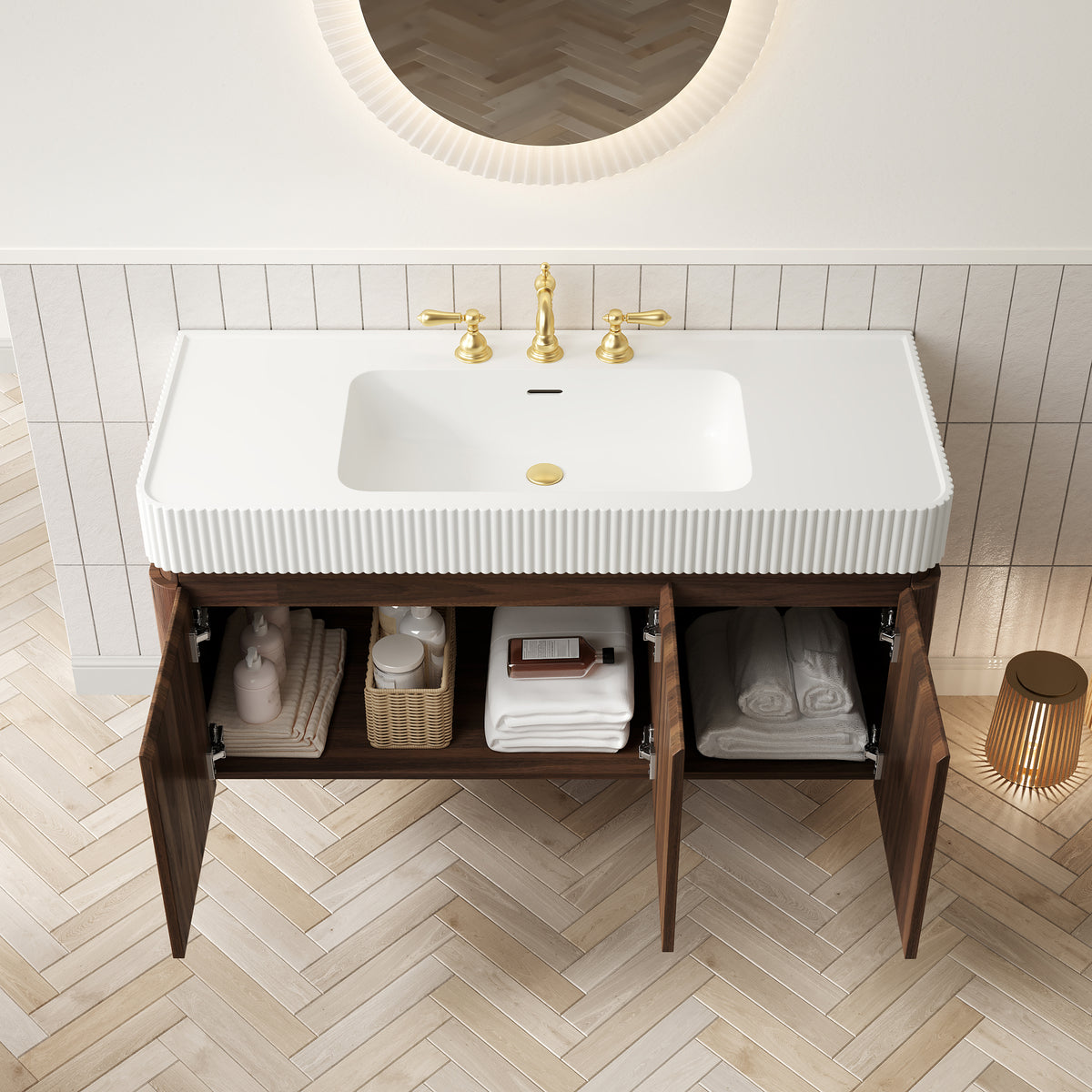 GECO 48" Wall-Mounted Bathroom Vanity with White Solid Surface Integrated Basin, Floating Storage Cabinet, Walnut Woodgrain, 8" Widespread 3-Hole Faucet Configuration, Disassembled