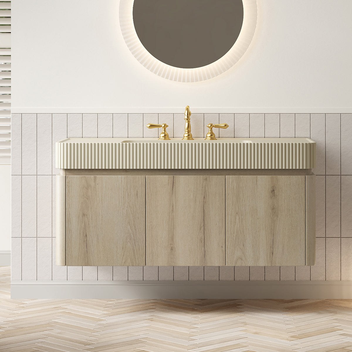 GECO 48" Wall-Mounted Bathroom Vanity with Cream Beige Solid Surface Integrated Basin, Floating Storage Cabinet, White Oak Woodgrain, 8" Widespread 3-Hole Faucet Configuration, Disassembled