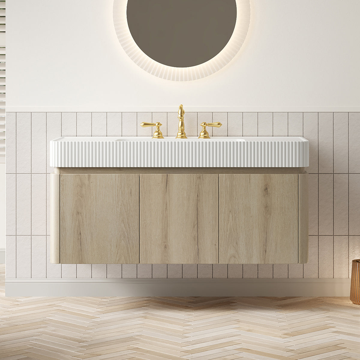 GECO 48" Wall-Mounted Bathroom Vanity with white Solid Surface Integrated Basin, Floating Storage Cabinet, White Oak Woodgrain, 8" Widespread 3-Hole Faucet Configuration, Disassembled