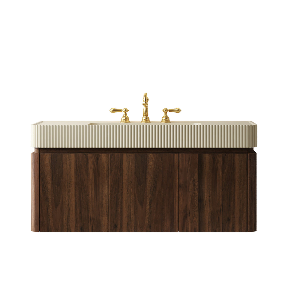 GECO 48" Wall-Mounted Bathroom Vanity with Cream Beige Solid Surface Sink, Floating Storage Cabinet with Drawer and Door, Walnut Woodgrain, 3 Pre-Drilled Faucet Holes, Disassembled