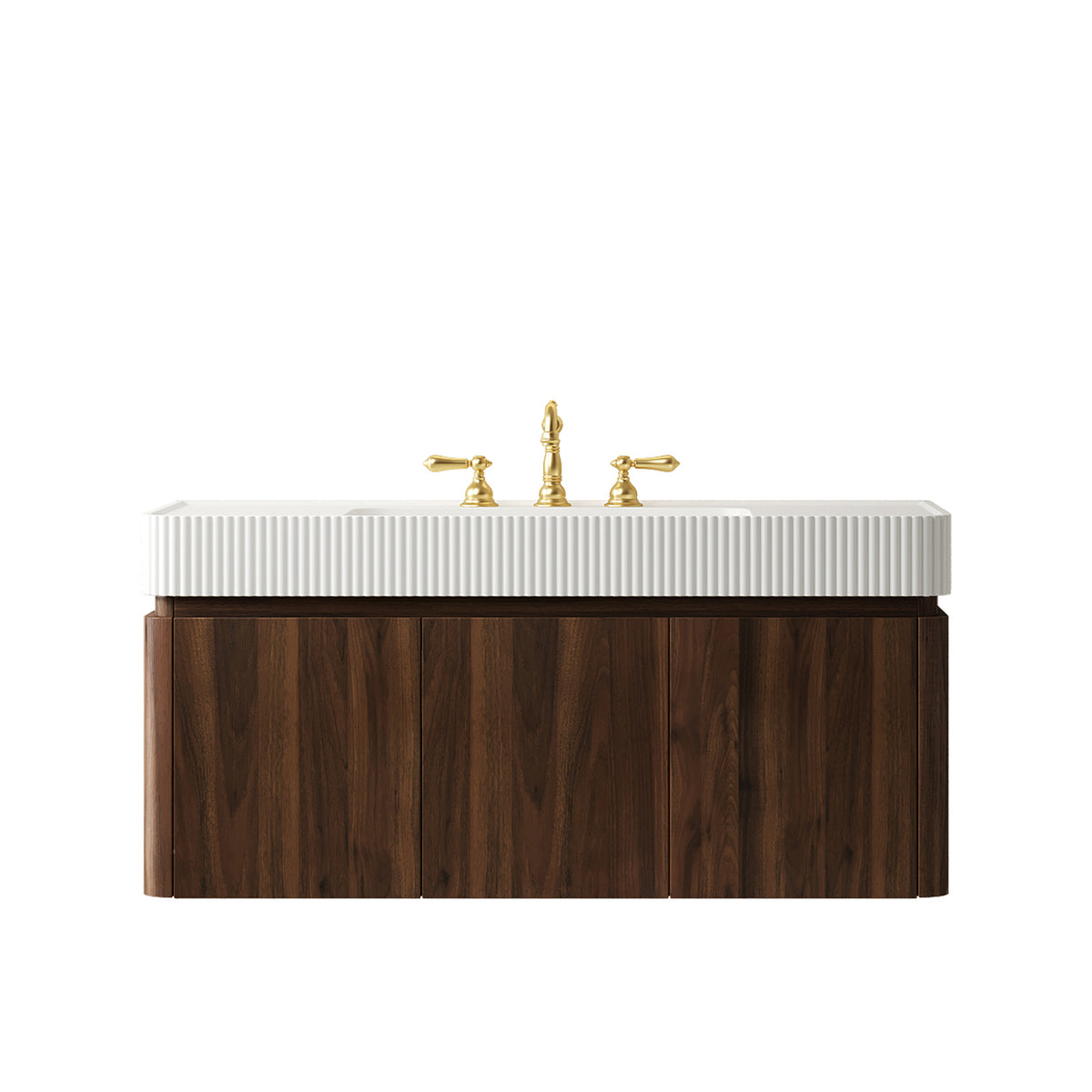 GECO 48" Wall-Mounted Bathroom Vanity with White Solid Surface Integrated Basin, Floating Storage Cabinet, Walnut Woodgrain, 8" Widespread 3-Hole Faucet Configuration, Disassembled