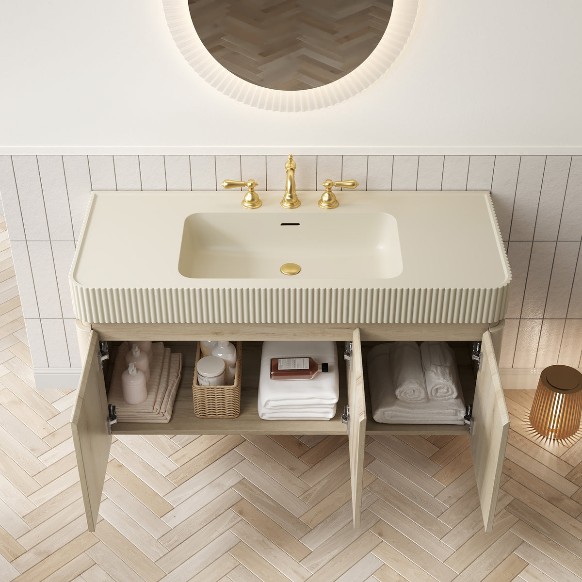 GECO 48" Wall-Mounted Bathroom Vanity with Cream Beige Solid Surface Integrated Basin, Floating Storage Cabinet, White Oak Woodgrain, 8" Widespread 3-Hole Faucet Configuration, Disassembled
