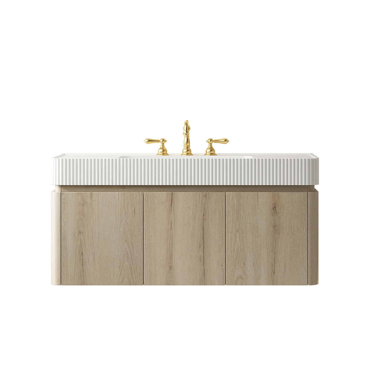 GECO 48" Wall-Mounted Bathroom Vanity with white Solid Surface Integrated Basin, Floating Storage Cabinet, White Oak Woodgrain, 8" Widespread 3-Hole Faucet Configuration, Disassembled