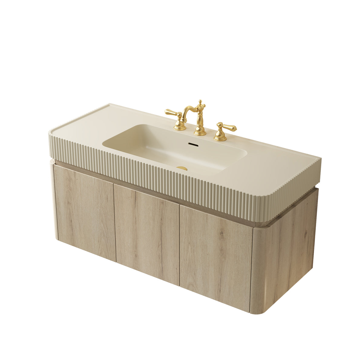 GECO 48" Wall-Mounted Bathroom Vanity with Cream Beige Solid Surface Integrated Basin, Floating Storage Cabinet, White Oak Woodgrain, 8" Widespread 3-Hole Faucet Configuration, Disassembled