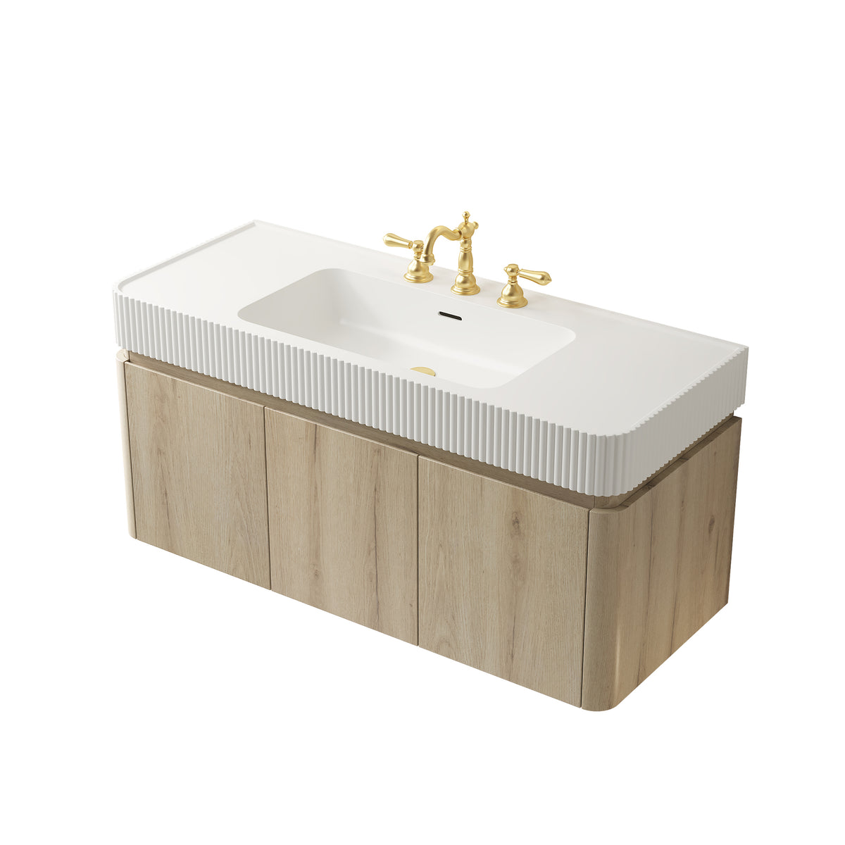 GECO 48" Wall-Mounted Bathroom Vanity with white Solid Surface Integrated Basin, Floating Storage Cabinet, White Oak Woodgrain, 8" Widespread 3-Hole Faucet Configuration, Disassembled
