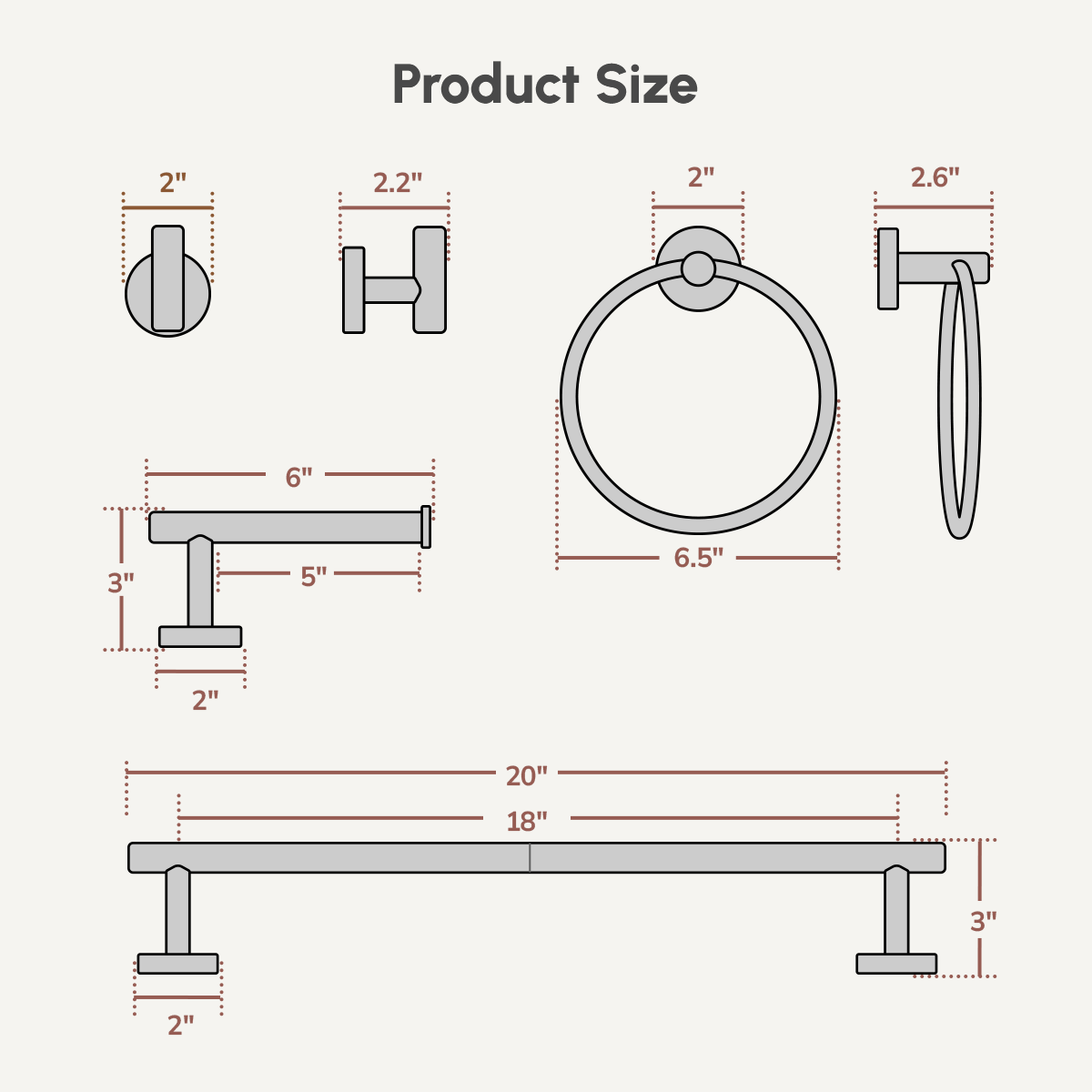 Dimensions of USHOWER Matuko Bathroom Hardware Set Including Towel Bar, Towel Ring, Toilet Paper Holder, and Robe Hook