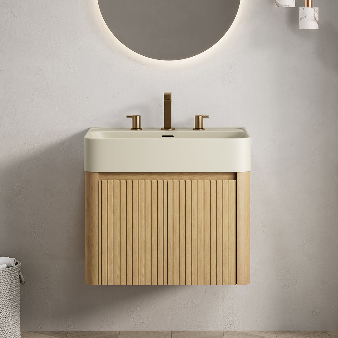 LORAN 24" Wall-Mounted Bathroom Vanity with Warm Cream Beige Solid Surface Integrated Basin, Floating Storage Cabinet, Corolla Oak Woodgrain, 8" Widespread 3-Hole Faucet Configuration, Disassembled