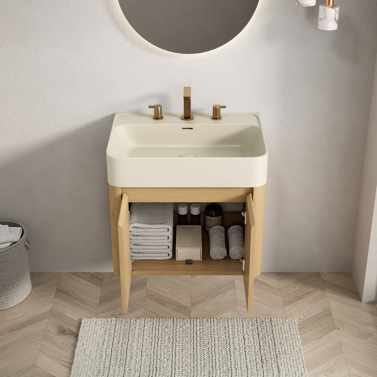 LORAN 24" Wall-Mounted Bathroom Vanity with Warm Cream Beige Solid Surface Integrated Basin, Floating Storage Cabinet, Corolla Oak Woodgrain, 8" Widespread 3-Hole Faucet Configuration, Disassembled