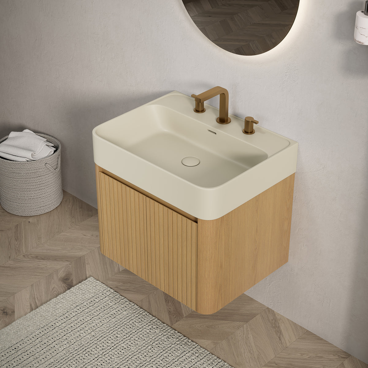 LORAN 24" Wall-Mounted Bathroom Vanity with Warm Cream Beige Solid Surface Integrated Basin, Floating Storage Cabinet, Corolla Oak Woodgrain, 8" Widespread 3-Hole Faucet Configuration, Disassembled