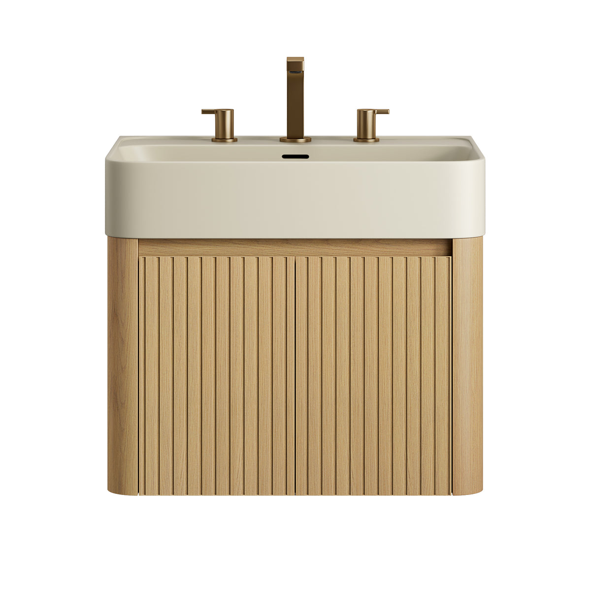 LORAN 24" Wall-Mounted Bathroom Vanity with Warm Cream Beige Solid Surface Integrated Basin, Floating Storage Cabinet, Corolla Oak Woodgrain, 8" Widespread 3-Hole Faucet Configuration, Disassembled
