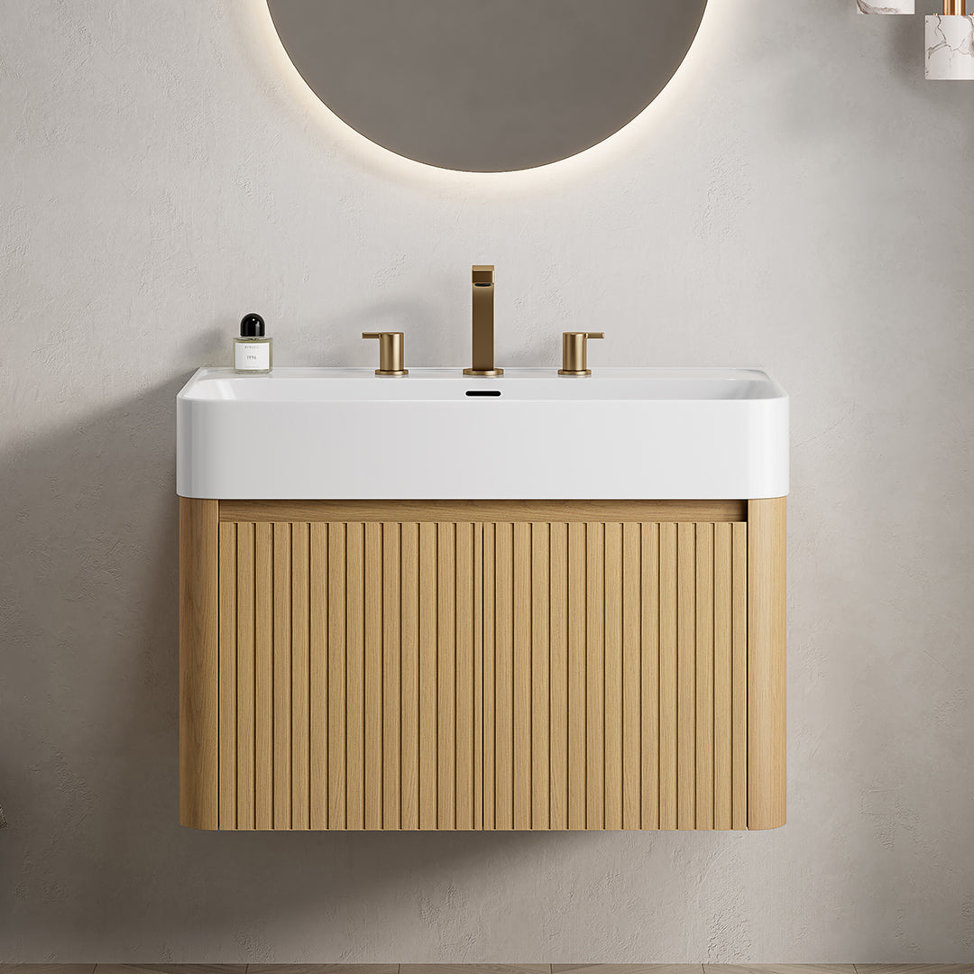 LORAN 30" Wall-Mounted Bathroom Vanity with White Solid Surface Integrated Basin, Floating Storage Cabinet, Corolla Oak Woodgrain, 8" Widespread 3-Hole Faucet Configuration, Disassembled