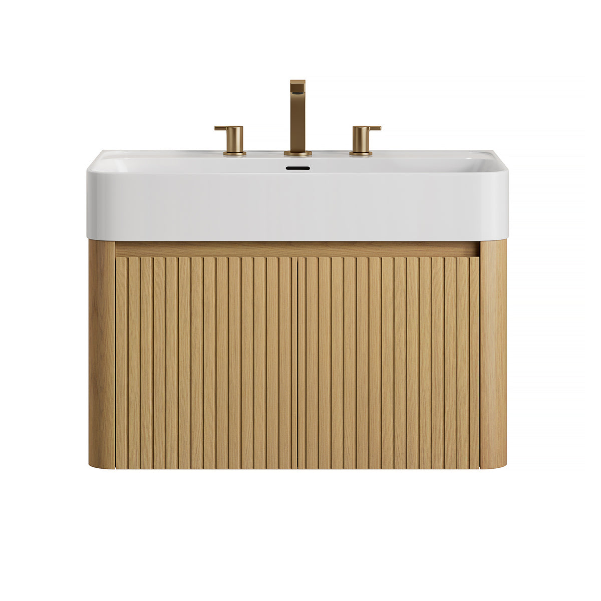 LORAN 30" Wall-Mounted Bathroom Vanity with White Solid Surface Integrated Basin, Floating Storage Cabinet, Corolla Oak Woodgrain, 8" Widespread 3-Hole Faucet Configuration, Disassembled