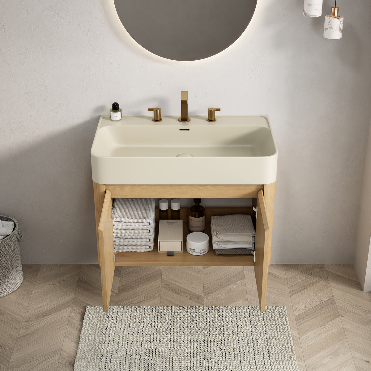 LORAN 30" Wall-Mounted Bathroom Vanity with Warm Cream Beige Solid Surface Integrated Basin, Floating Storage Cabinet, Corolla Oak Woodgrain, 8" Widespread 3-Hole Faucet Configuration, Disassembled