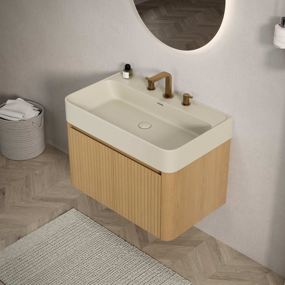 LORAN 30" Wall-Mounted Bathroom Vanity with Warm Cream Beige Solid Surface Integrated Basin, Floating Storage Cabinet, Corolla Oak Woodgrain, 8" Widespread 3-Hole Faucet Configuration, Disassembled