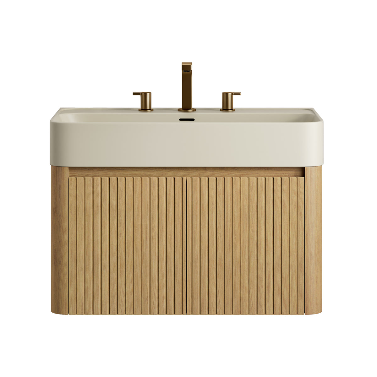 LORAN 30" Wall-Mounted Bathroom Vanity with Warm Cream Beige Solid Surface Integrated Basin, Floating Storage Cabinet, Corolla Oak Woodgrain, 8" Widespread 3-Hole Faucet Configuration, Disassembled