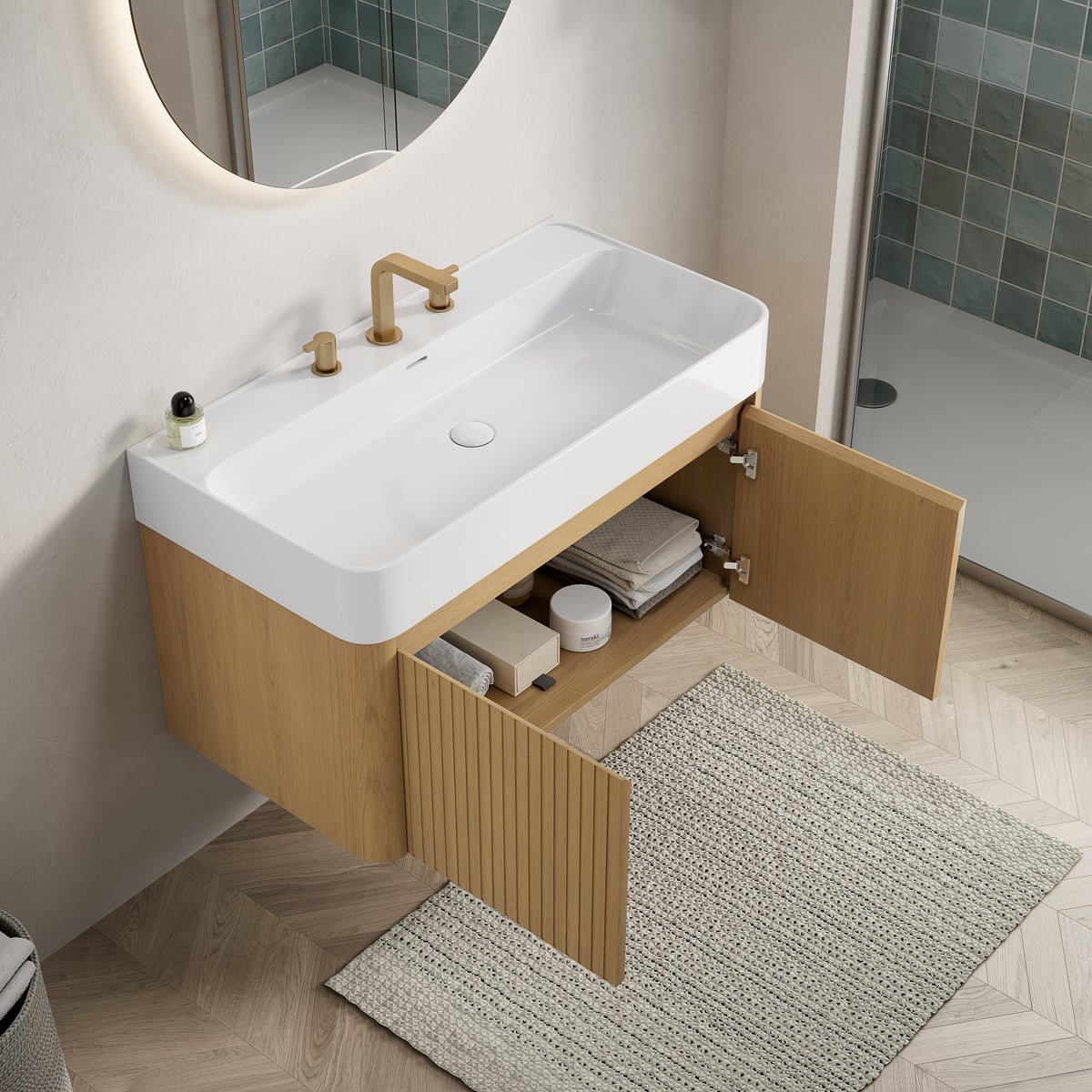LORAN 36" Wall-Mounted Bathroom Vanity with White Solid Surface Integrated Basin, Floating Storage Cabinet, Corolla Oak Woodgrain, 8" Widespread 3-Hole Faucet Configuration, Disassembled