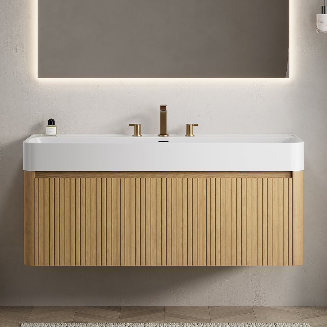 LORAN 48" Wall-Mounted Bathroom Vanity with White Solid Surface Integrated Basin, Floating Storage Cabinet, Corolla Oak Woodgrain, 8" Widespread 3-Hole Faucet Configuration, Disassembled