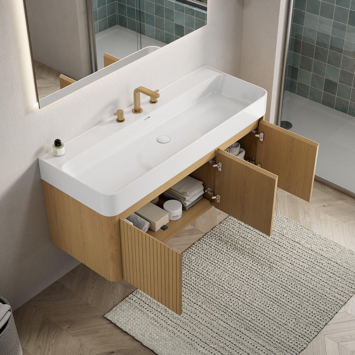 LORAN 48" Wall-Mounted Bathroom Vanity with White Solid Surface Integrated Basin, Floating Storage Cabinet, Corolla Oak Woodgrain, 8" Widespread 3-Hole Faucet Configuration, Disassembled