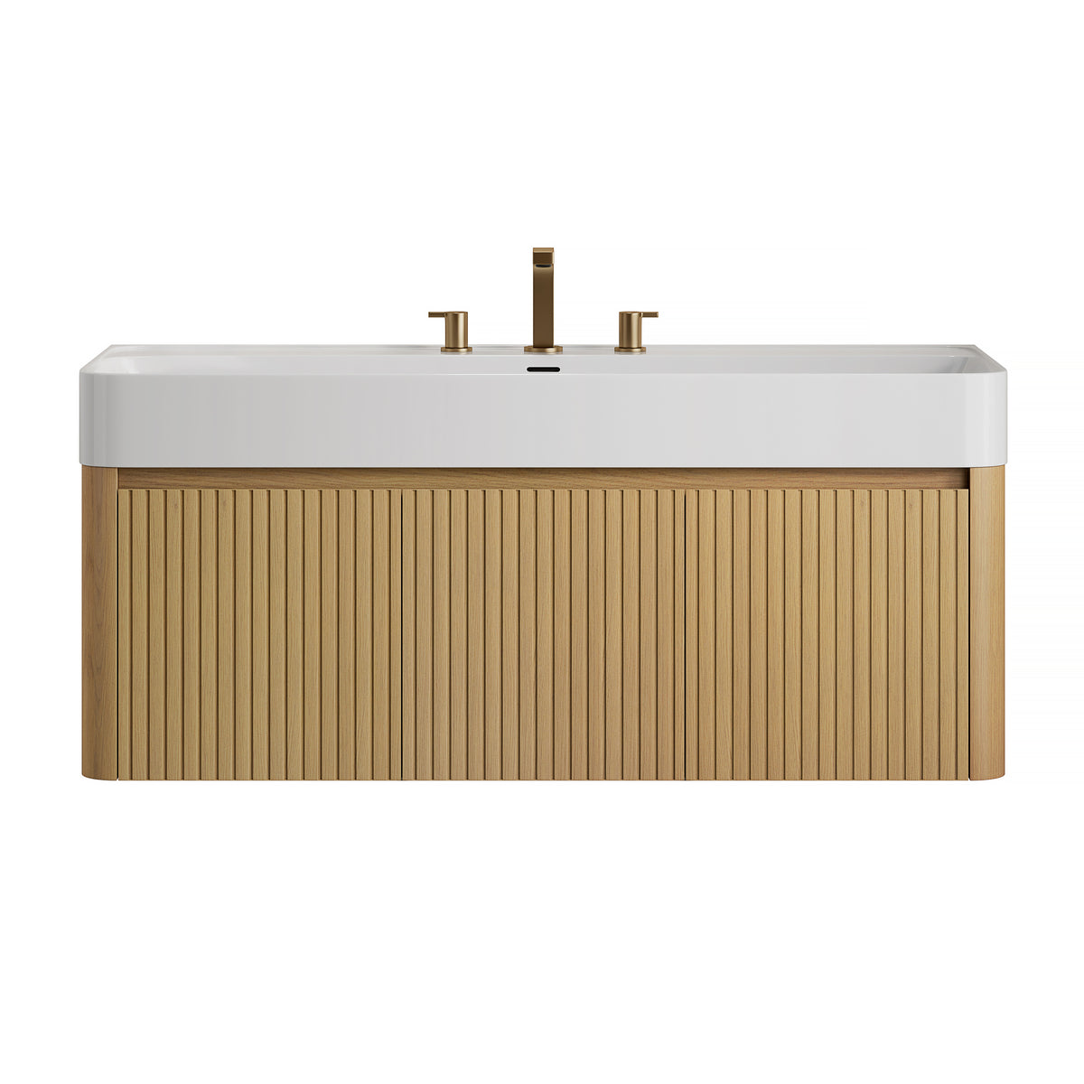 LORAN 48" Wall-Mounted Bathroom Vanity with White Solid Surface Integrated Basin, Floating Storage Cabinet, Corolla Oak Woodgrain, 8" Widespread 3-Hole Faucet Configuration, Disassembled