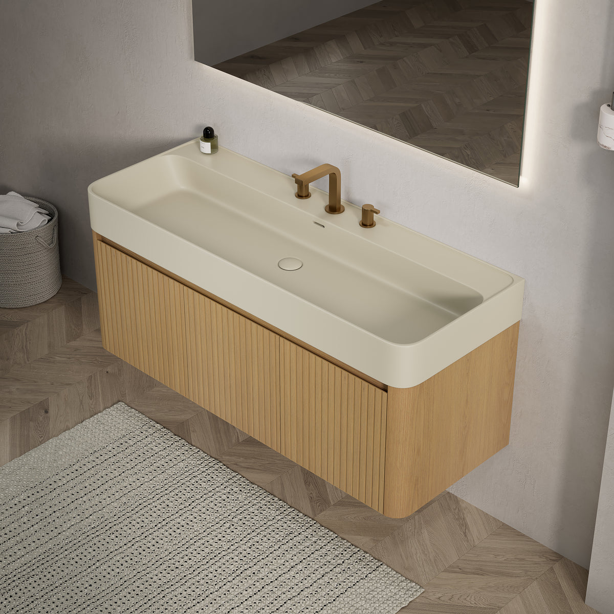 LORAN 48" Wall-Mounted Bathroom Vanity with Warm Cream Beige Solid Surface Integrated Basin, Floating Storage Cabinet, Corolla Oak Woodgrain, 8" Widespread 3-Hole Faucet Configuration, Disassembled