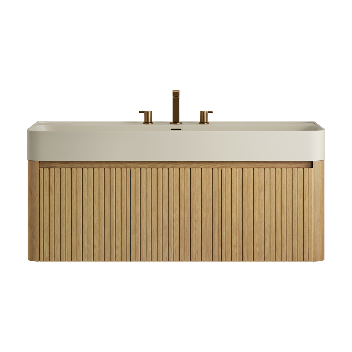 LORAN 48" Wall-Mounted Bathroom Vanity with Warm Cream Beige Solid Surface Integrated Basin, Floating Storage Cabinet, Corolla Oak Woodgrain, 8" Widespread 3-Hole Faucet Configuration, Disassembled